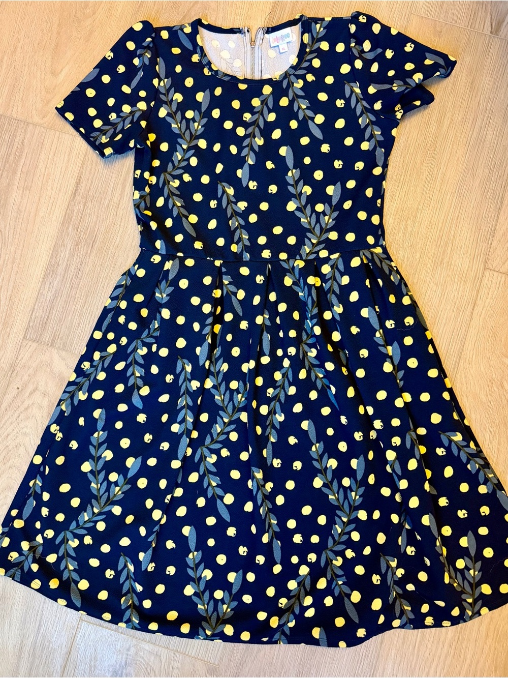 Navy & Yellow Polka Dot with Leaf Print LuLaRoe Amelia Dress